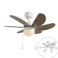 QAZQA Deckenventilator Mit Licht|Wohnzimmerlampen*Deckenventilator weiß mit Holzprint 80cm mit Zugschalter - Fresh