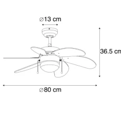 QAZQA Deckenventilator Mit Licht|Wohnzimmerlampen*Deckenventilator weiß mit Holzprint 80cm mit Zugschalter - Fresh
