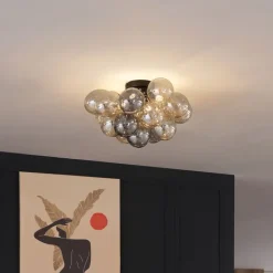 QAZQA Schlafzimmerlampen|Küchenlampen*Design Deckenleuchte Schwarz mit Bernstein- und Rauchglas 4-flammig - Uvas