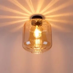 QAZQA Deckenleuchten|Wohnzimmerlampen*Design Deckenleuchte schwarz mit Braunglas - Qara