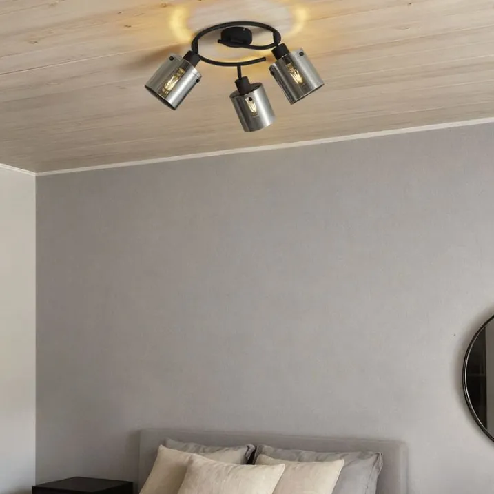 QAZQA Deckenstrahler|Aufbaustrahler*Design Deckenstrahler schwarz mit Rauchglas rund 3-flammig - Domo