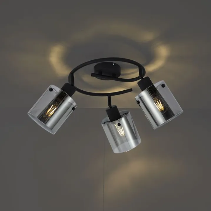 QAZQA Deckenstrahler|Aufbaustrahler*Design Deckenstrahler schwarz mit Rauchglas rund 3-flammig - Domo