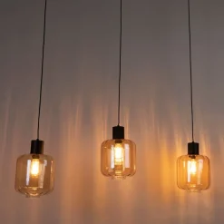 QAZQA Pendelleuchten|Wohnzimmerlampen*Design Hängelampe schwarz mit Braunglas 3-Licht 161,5 cm - Qara