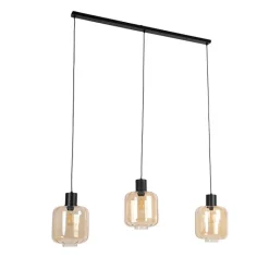 QAZQA Pendelleuchten|Wohnzimmerlampen*Design Hängelampe schwarz mit Braunglas 3-Licht 161,5 cm - Qara