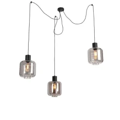 QAZQA Pendelleuchten|Wohnzimmerlampen*Design Hängelampe schwarz mit Rauchglas 3-Licht 226 cm - Qara