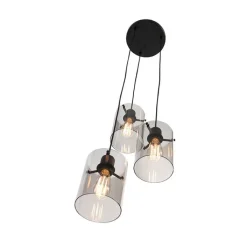 QAZQA Pendelleuchten|Wohnzimmerlampen*Design Hängelampe schwarz mit Rauchglas 3-Licht - Kuppel