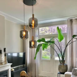 QAZQA Schlafzimmerlampen|Esszimmerlampen*Design Hängelampe schwarz mit gold mit Rauchglas 3-flammig - Zuzanna