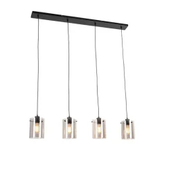 QAZQA Schlafzimmerlampen|Küchenlampen*Design Hängelampe schwarz mit Rauchglas 4-Licht - Kuppel