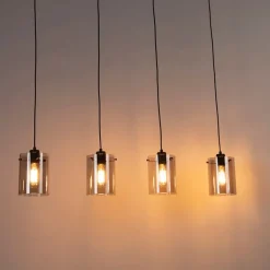 QAZQA Schlafzimmerlampen|Küchenlampen*Design Hängelampe schwarz mit Rauchglas 4-Licht - Kuppel