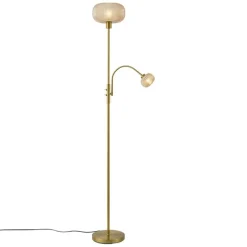 QAZQA Stehlampen|Wohnzimmerlampen*Design Stehleuchte Messing mit bernsteinfarbenem Glas 2-flammig - Brianna