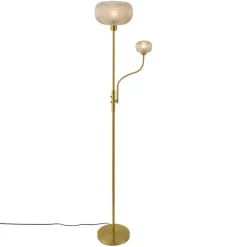 QAZQA Stehlampen|Wohnzimmerlampen*Design Stehleuchte Messing mit bernsteinfarbenem Glas 2-flammig - Brianna