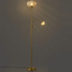 QAZQA Stehlampen|Wohnzimmerlampen*Design Stehleuchte Messing mit bernsteinfarbenem Glas 2-flammig - Brianna