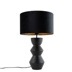 QAZQA Tischlampen|Wohnzimmerlampen*Design Tischleuchte Schwarz Samt-Schirm Schwarz mit Gold 35 cm - Alisia