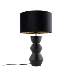 QAZQA Tischlampen|Wohnzimmerlampen*Design Tischleuchte Schwarz Samt-Schirm Schwarz mit Gold 35 cm - Alisia