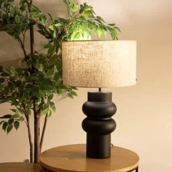 QAZQA Tischlampen|Wohnzimmerlampen*Design Tischleuchte Schwarz Stoffschirm Hellgrau 35 cm - Alisia