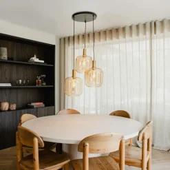 QAZQA Schlafzimmerlampen|Küchenlampen*Design-Hängelampe schwarz mit Messing und braunem Glas 3 Lichter - Zuzanna