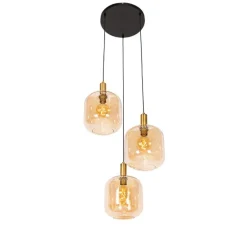 QAZQA Schlafzimmerlampen|Küchenlampen*Design-Hängelampe schwarz mit Messing und braunem Glas 3 Lichter - Zuzanna