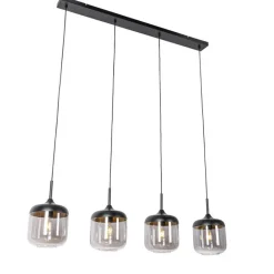 QAZQA Pendelleuchten|Wohnzimmerlampen*Design-Hängelampe schwarz mit Gold und Rauchglas 4-flammig - Kyan
