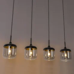 QAZQA Pendelleuchten|Wohnzimmerlampen*Design-Hängelampe schwarz mit Gold und Rauchglas 4-flammig - Kyan