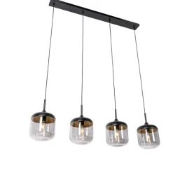 QAZQA Pendelleuchten|Wohnzimmerlampen*Design-Hängelampe schwarz mit Gold und Rauchglas 4-flammig - Kyan