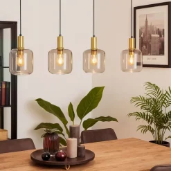 QAZQA Schlafzimmerlampen|Küchenlampen*Design-Hängelampe schwarz mit Messing und bernsteinfarbenem Glas, 4-flammig – Zuzanna