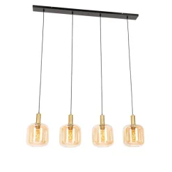 QAZQA Schlafzimmerlampen|Küchenlampen*Design-Hängelampe schwarz mit Messing und bernsteinfarbenem Glas, 4-flammig – Zuzanna