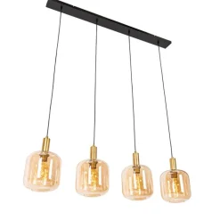 QAZQA Schlafzimmerlampen|Küchenlampen*Design-Hängelampe schwarz mit Messing und bernsteinfarbenem Glas, 4-flammig – Zuzanna