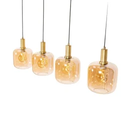 QAZQA Schlafzimmerlampen|Küchenlampen*Design-Hängelampe schwarz mit Messing und bernsteinfarbenem Glas, 4-flammig – Zuzanna