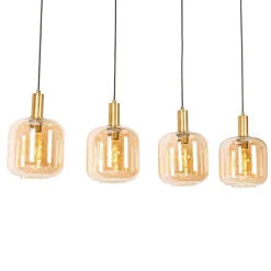 QAZQA Schlafzimmerlampen|Küchenlampen*Design-Hängelampe schwarz mit Messing und bernsteinfarbenem Glas, 4-flammig – Zuzanna