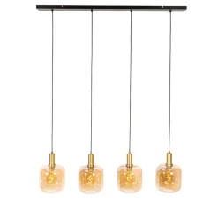QAZQA Schlafzimmerlampen|Küchenlampen*Design-Hängelampe schwarz mit Messing und bernsteinfarbenem Glas, 4-flammig – Zuzanna