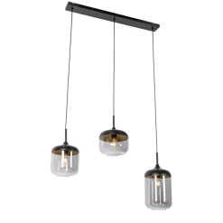 QAZQA Pendelleuchten|Wohnzimmerlampen*Design-Hängelampe schwarz mit Gold und Rauchglas 3-flammig - Kyan