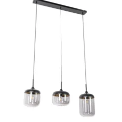 QAZQA Pendelleuchten|Wohnzimmerlampen*Design-Hängelampe schwarz mit Gold und Rauchglas 3-flammig - Kyan