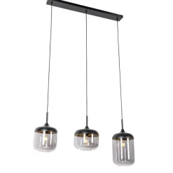 QAZQA Pendelleuchten|Wohnzimmerlampen*Design-Hängelampe schwarz mit Gold und Rauchglas 3-flammig - Kyan