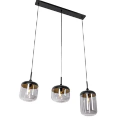 QAZQA Pendelleuchten|Wohnzimmerlampen*Design-Hängelampe schwarz mit Gold und Rauchglas 3-flammig - Kyan