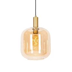 QAZQA Pendelleuchten|Wohnzimmerlampen*Design-Hängelampe schwarz mit Messing und bernsteinfarbenem Glas – Zuzanna