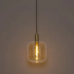 QAZQA Pendelleuchten|Wohnzimmerlampen*Design-Hängelampe schwarz mit Messing und bernsteinfarbenem Glas – Zuzanna