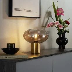 QAZQA Tischlampen|Wohnzimmerlampen*Design-Tischleuchte Messing mit bernsteinfarbenem Glas - Umbrella