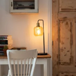 QAZQA Tischlampen|Wohnzimmerlampen*Design-Tischleuchte schwarz mit Messing und bernsteinfarbenem Glas - Zuzanna