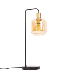 QAZQA Tischlampen|Wohnzimmerlampen*Design-Tischleuchte schwarz mit Messing und bernsteinfarbenem Glas - Zuzanna