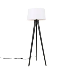 QAZQA Stehlampen|Wohnzimmerlampen*Dreibeinstativ schwarz mit Leinenschirm weiß 45 cm - Dreibeinstativ Classic