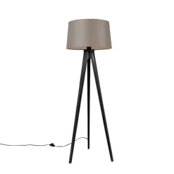 QAZQA Stehlampen|Wohnzimmerlampen*Dreibeinstativ schwarz mit Leinenschirm taupe 45 cm - Dreibeinstativ Classic