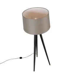 QAZQA Stehlampen|Wohnzimmerlampen*Dreibeinstativ schwarz mit Leinenschirm taupe 45 cm - Dreibeinstativ Classic