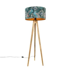 QAZQA Stehlampen|Wohnzimmerlampen*Dreibeinstativ Vintage Holz mit Haube Pfauengrün 50 cm - Dreibeinstativ Classic