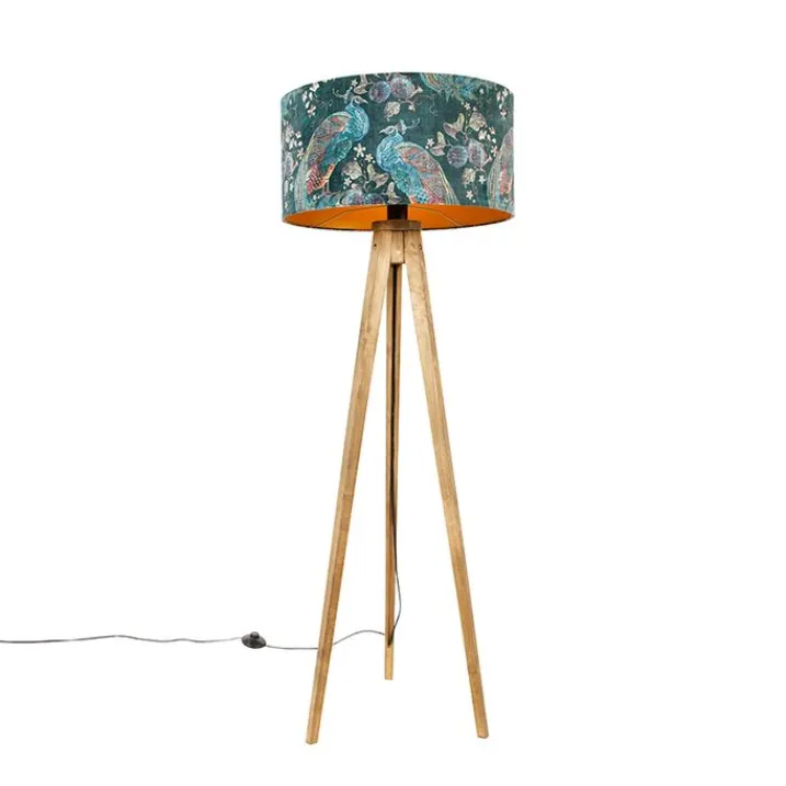 QAZQA Stehlampen|Wohnzimmerlampen*Dreibeinstativ Vintage Holz mit Haube Pfauengrün 50 cm - Dreibeinstativ Classic