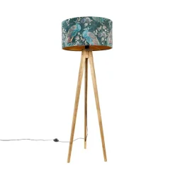 QAZQA Stehlampen|Wohnzimmerlampen*Dreibeinstativ Vintage Holz mit Haube Pfauengrün 50 cm - Dreibeinstativ Classic