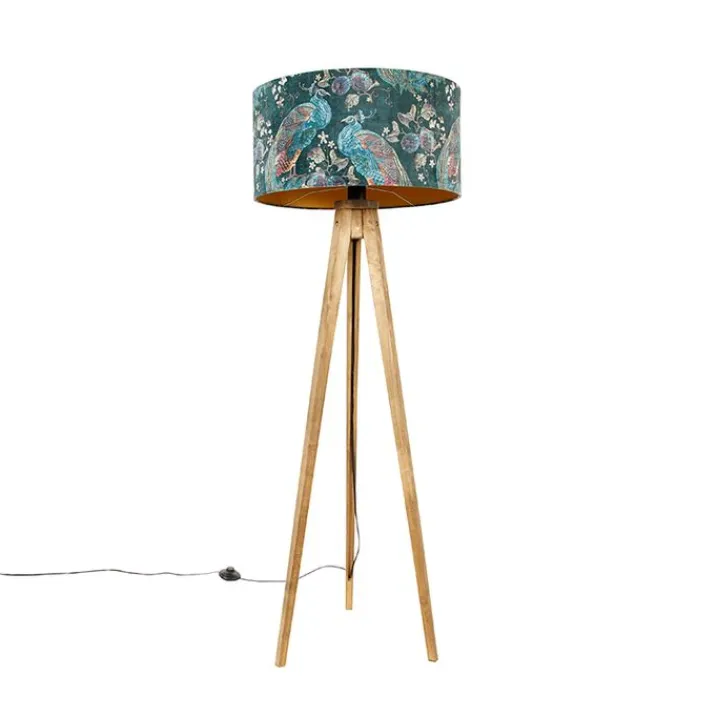 QAZQA Stehlampen|Wohnzimmerlampen*Dreibeinstativ Vintage Holz mit Haube Pfauengrün 50 cm - Dreibeinstativ Classic