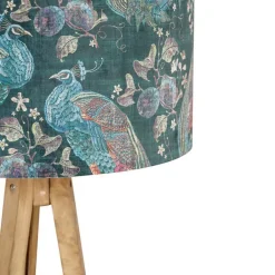 QAZQA Stehlampen|Wohnzimmerlampen*Dreibeinstativ Vintage Holz mit Haube Pfauengrün 50 cm - Dreibeinstativ Classic