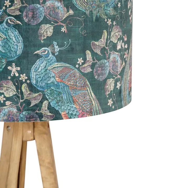 QAZQA Stehlampen|Wohnzimmerlampen*Dreibeinstativ Vintage Holz mit Haube Pfauengrün 50 cm - Dreibeinstativ Classic