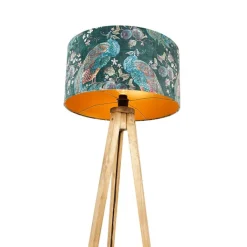 QAZQA Stehlampen|Wohnzimmerlampen*Dreibeinstativ Vintage Holz mit Haube Pfauengrün 50 cm - Dreibeinstativ Classic