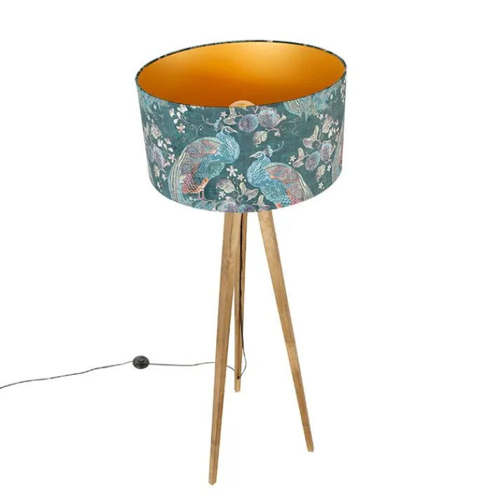 QAZQA Stehlampen|Wohnzimmerlampen*Dreibeinstativ Vintage Holz mit Haube Pfauengrün 50 cm - Dreibeinstativ Classic